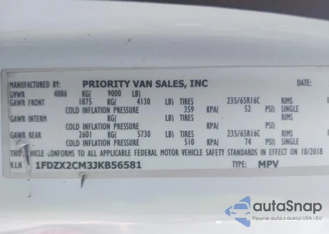 2018 Ford Transit T-350 z USA, uszkodzony, nr VIN 1FDZX2CM3JKB56581